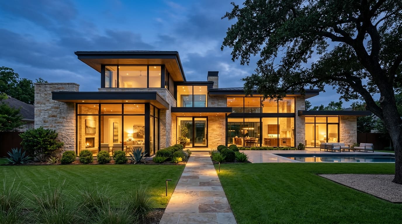 Modern Texas luxury home under warm evening light