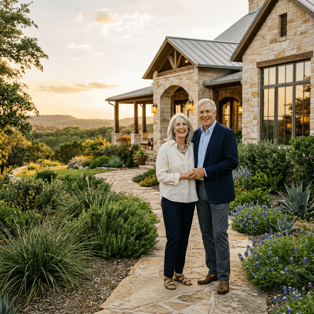 Retired couple in front of luxury Texas Hill Country home at golden hour