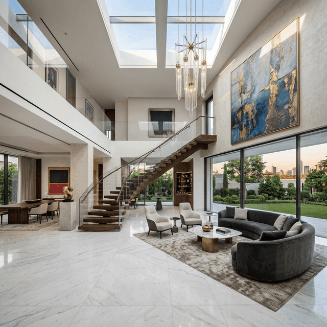 Luxurious modern home interior with marble floors and designer furnishings