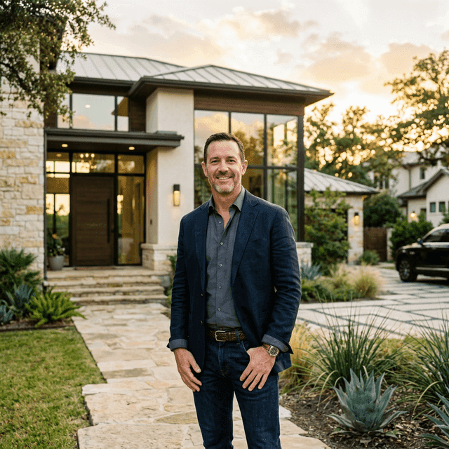 Confident self-employed Texas business owner standing in front of their modern luxury home