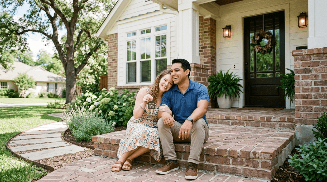 Smiling young couple sitting on the welcoming brick front porch steps of their charming Texas suburban home holding their new house key in warm afternoon sunlight