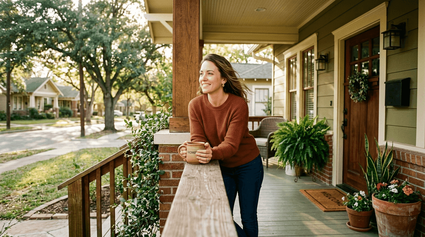 Proud homeowner enjoying morning coffee on the front porch of her craftsman home before her first mortgage payment is due