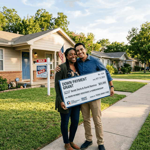 House keys being exchanged at closing with Texas home in background