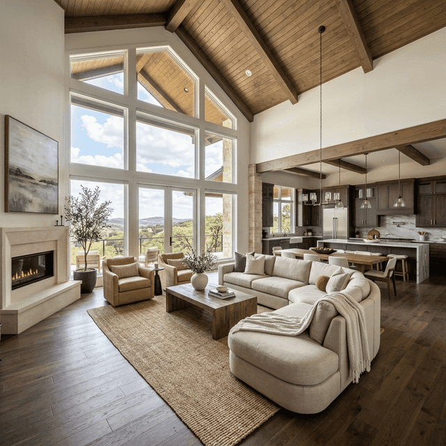 Luxury rental investment property interior in Texas with modern furnishings and Hill Country views