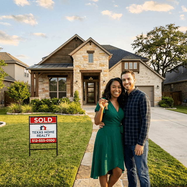 Happy first-time home buyers with keys to their new Texas home