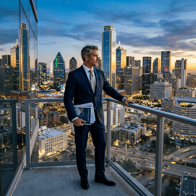 International investor overlooking Texas city skyline at dusk