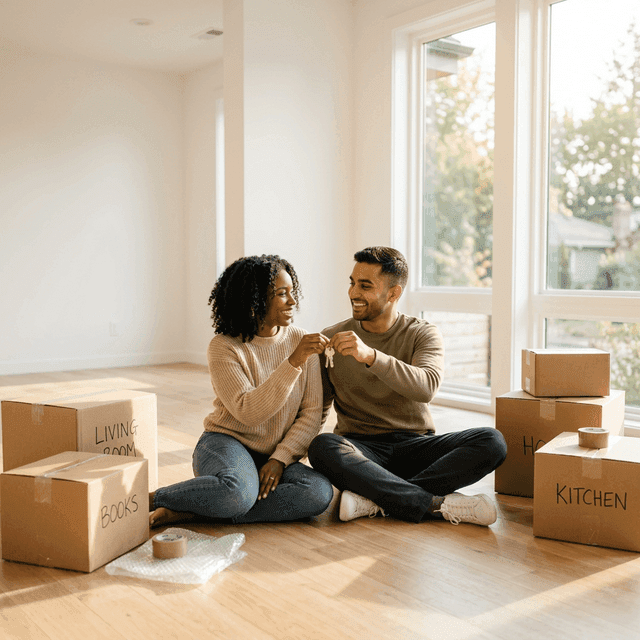 Happy couple celebrating in their new home with moving boxes and sunlight