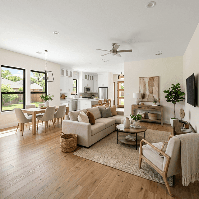 Bright modern Texas home interior with open floor plan living space