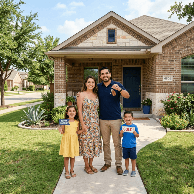 Happy family in front of their new Texas home with keys
