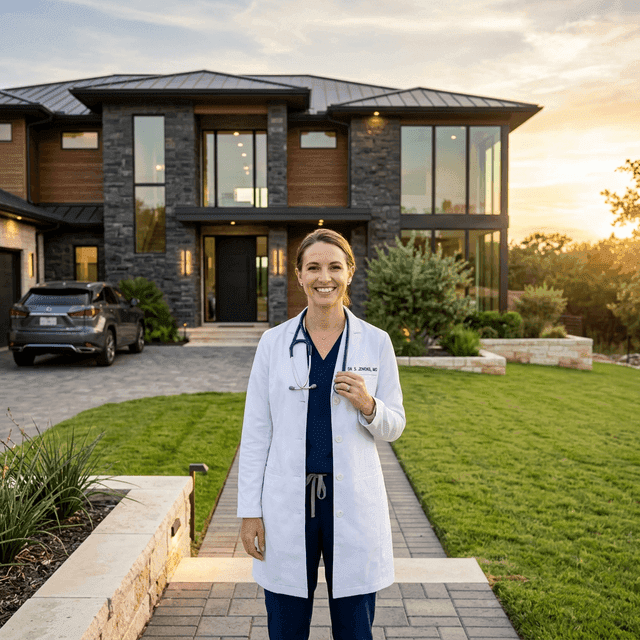 Doctor standing in front of luxury Texas home