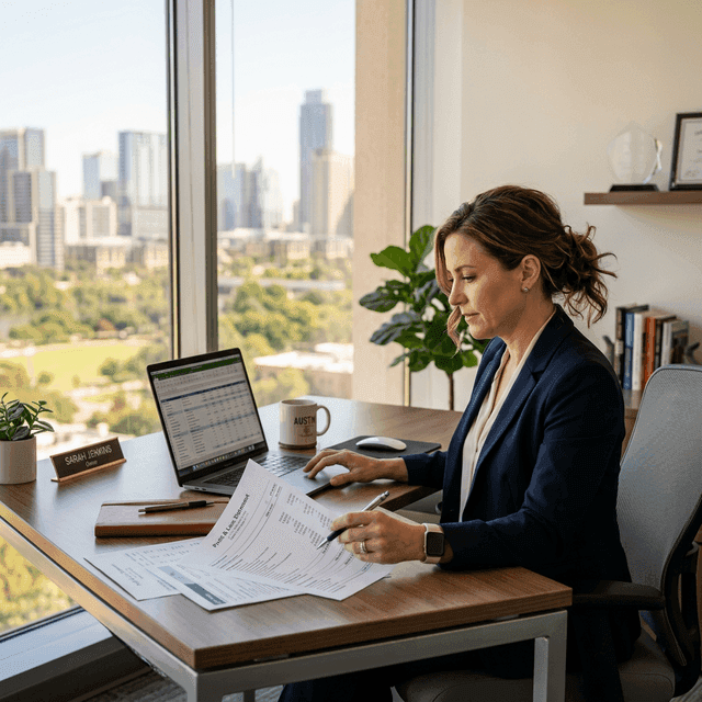 Self-employed business owner reviewing profit and loss statements at modern Texas office
