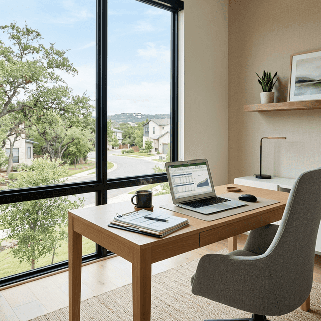 Modern Texas home office with financial documents and laptop