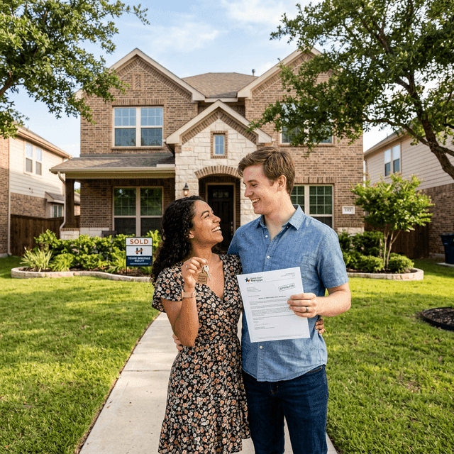 Hopeful couple holding keys in front of their new Texas home