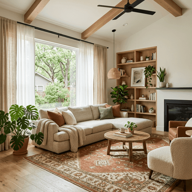 Cozy modern living room of a new Texas home with warm lighting