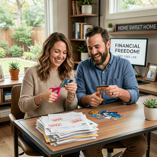 Couple celebrating becoming debt-free through mortgage consolidation