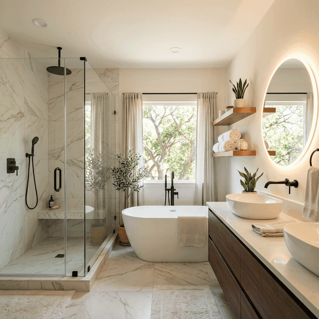 Modern renovated Texas home bathroom with luxury finishes and walk-in shower