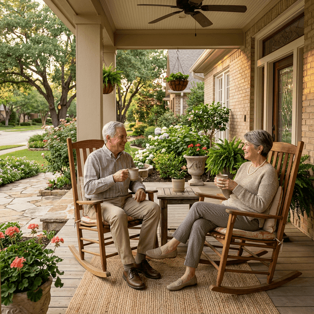 Senior couple on the porch of their Texas home