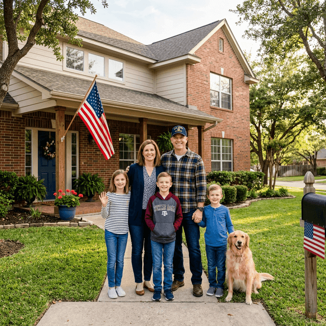 Military veteran family in front of their Texas home