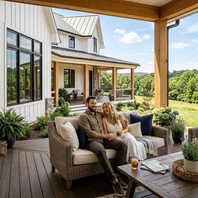 Happy young couple relaxing on the large wrap-around porch of their rural farmhouse