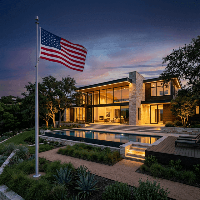 American flag waving in front of a modern Texas luxury home