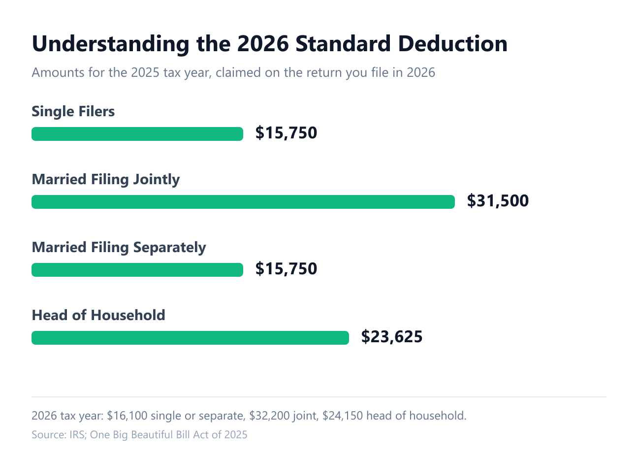 Infographic titled 'Understanding the 2026 Standard Deduction' showing tax deductions by filing status. Each category is represented with icons and listed alongside the deduction amount, highlighting standard deduction amounts for the 2025 tax year, claimed on the return filed in 2026.